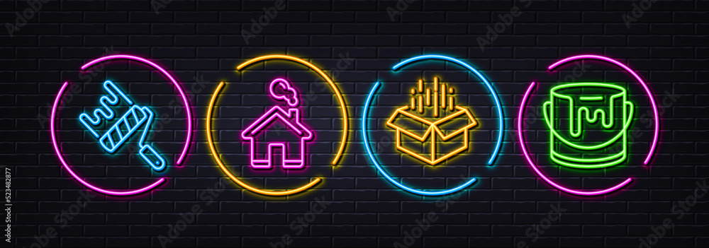 Open box, Paint roller and Home minimal line icons. Neon laser 3d lights. Paint icons. For web, application, printing. Delivery package, Painter brush, House building. Tin of dye. Vector