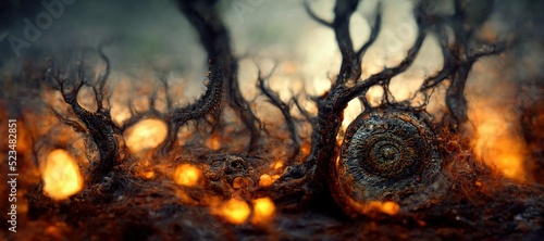 Surreal fantasy of creepy haunted trees, twisted dead branches and glowing hot hellish fires - macro ammonite forest of nightmares and strange imagination. Dare to journey deeper...