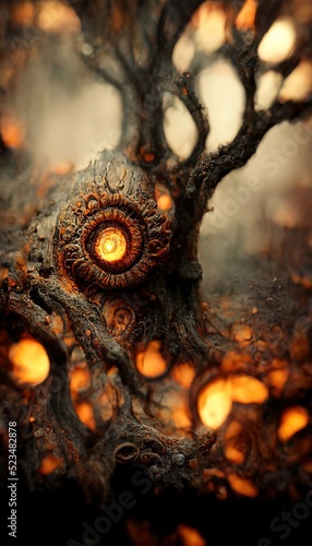 Surreal fantasy of creepy haunted trees, twisted dead branches and glowing hot hellish fires - macro ammonite forest of nightmares and strange imagination. Dare to journey deeper...