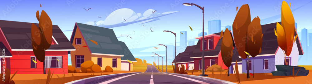 Autumn suburban district with cottages stand along road perspective view. Countryside landscape with residential houses and modern buildings panoramic cityscape background, Cartoon vector illustration