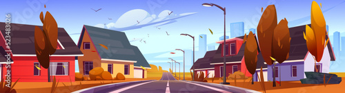 Autumn suburban district with cottages stand along road perspective view. Countryside landscape with residential houses and modern buildings panoramic cityscape background, Cartoon vector illustration