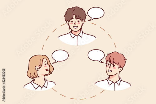 Businesspeople in circle communicate with each other. Smiling employee or workers involved in etambuilding or brainstorming. Teamwork and cooperation. Vector illustration. 