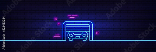 Neon light glow effect. Parking garage line icon. Auto park sign. Car place symbol. 3d line neon glow icon. Brick wall banner. Parking garage outline. Vector