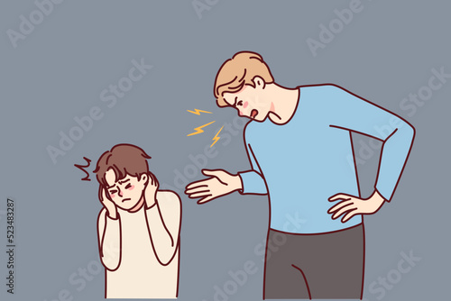 Angry father scream scold small unhappy kid covering ears from aggression. Mad aggressive parent lecture shout at unhappy little son, avoiding domestic violence. Vector illustration. 