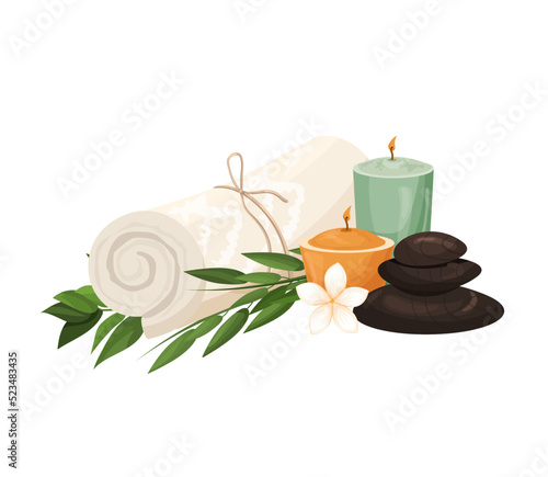Towel with candles, black hot stone. Hot stone massage service. Beauty spa treatment and relaxation concept. Vector illustration on white background
