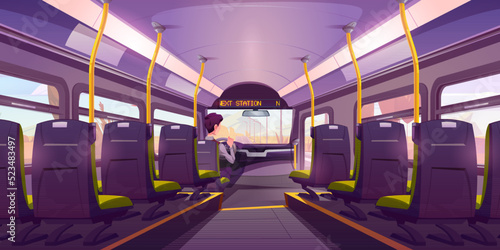 School bus with driver, empty public transport interior. City vehicle salon with seats, handles, windows and digital display. Urban commuter for students inside view, Cartoon vector illustration
