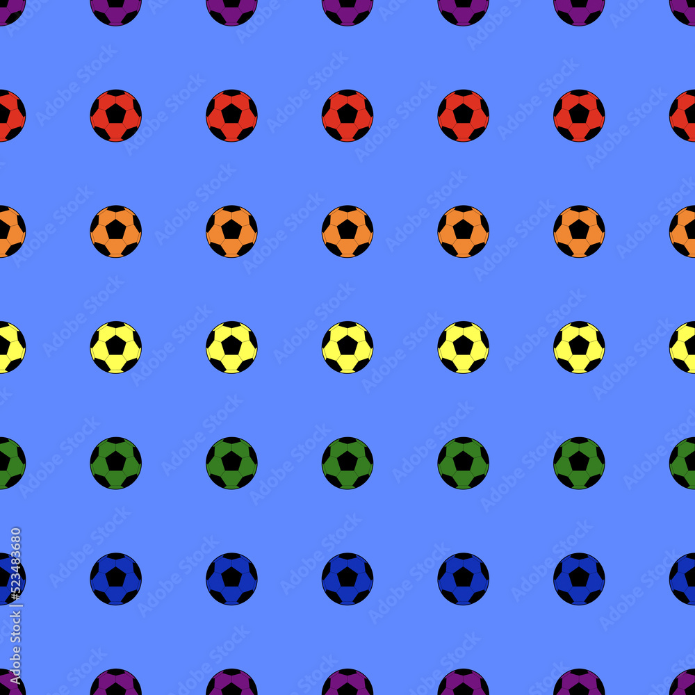 Soccer balls in rainbow colors on a blue background. Seamless pattern. Funny Football wallpaper