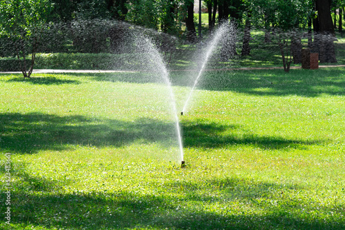 Irrigation system watering green grass, blurred background. © Oleksandr