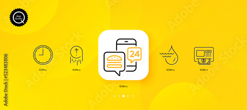 Hydroelectricity, Time and Atm minimal line icons. Yellow abstract background. Swipe up, Food app icons. For web, application, printing. Hydroelectric energy, Office clock, Money withdraw. Vector