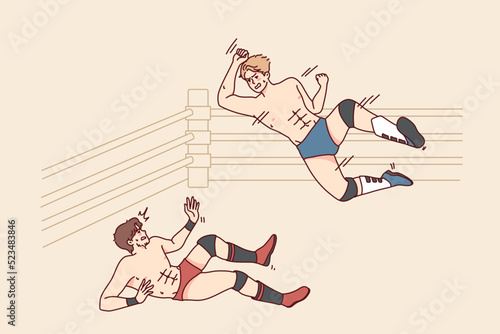 Aggressive men fighting on mma ring. Mad active athletes or sportsmen have no rules fight or battle. Vector illustration. 