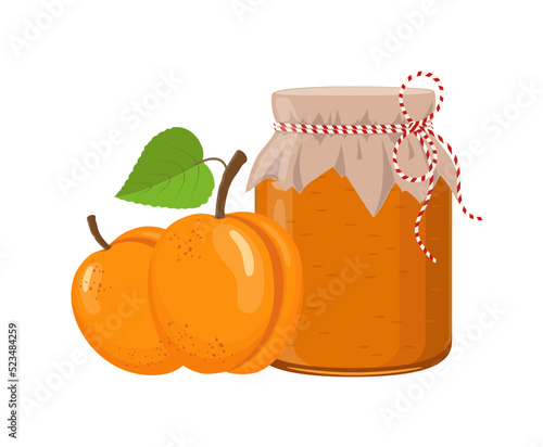 Apricot jam or confiture jar in rustic style, homemade fruit berry preserve, vector illustration on white background