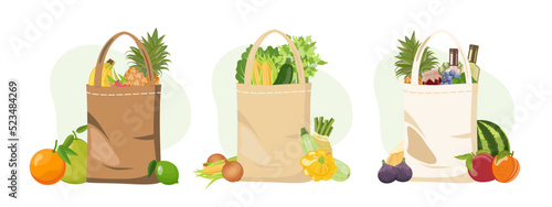 Textile linen shopping bags set with farmers market with fruits, vegetables, wine and snacks. Reusable recyclable plastic free shopper, vector Illustration