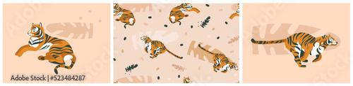 Hand drawn vector abstract graphic modern safari savanna orange tigers animals print and pattern collection set .Animals wildlife clipart design.Wild nature concept.Cute animals illustration set.