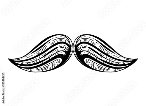 Moustache vector sketch. Isolated mustache icon. Black cartoon beard hair moustache illustration. Vintage barber silhouette. Funny face old style sketch. Retro hipster gentleman. Black Fathers day art