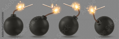 Black bombs with burning fuse and matches with fire, explosive dynamite with rope wick isolated on transparent background. Dangerous destruction spheres with sparks, Realistic 3d vector illustration