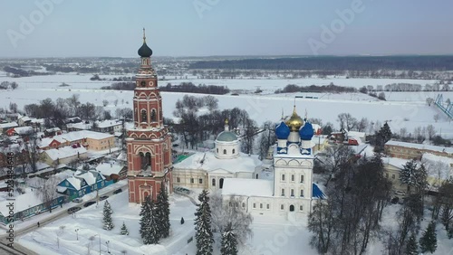 Aerial view of the Cathedral of the Archangel Michael and the bell tower in Bronnitsy in winter, Moscow region, Russia
