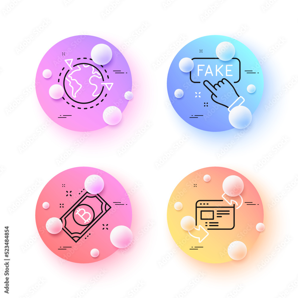 Bitcoin, Outsourcing and Fake information minimal line icons. 3d spheres or balls buttons. Refresh website icons. For web, application, printing. Vector Bitcoin, Outsourcing and Fake information minimal line icons. 3d spheres or balls buttons. Refresh website icons. For web, application, printing. Vector