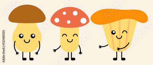 Collection of vector cute autumn mushrooms in kawaii style. Cartoon flat simple fly agaric, chanterelle, porcini with face, hands, legs. Designs for stickers, patches, logos, print icons.
