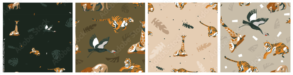 Fototapeta premium Hand drawn vector abstract graphic modern safari savanna animals print and pattern collection set on color background.Animals wildlife clipart design.Wild nature concept.Cute animals illustration set.