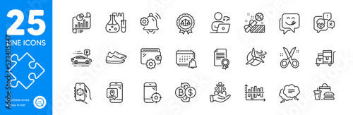 Outline icons set. Video conference, Chemistry lab and Shoes icons. Seo phone, Inclusion, Report document web elements. Sale, Inventory cart, Justice scales signs. Notification, Strategy. Vector