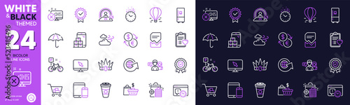 Seo shopping, Takeaway coffee and Reject access line icons for website, printing. Collection of Certificate, Lgbt, Sale bags icons. Patient history, Time, Mobile devices web elements. Vector
