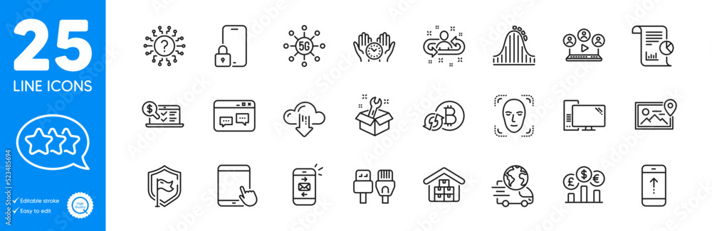 Outline icons set. Lock, Computer cables and Computer icons. Cloud download, Question mark, Currency rate web elements. Refresh bitcoin, Browser window, Safe time signs. Outline lock icon. Vector Outline icons set. Lock, Computer cables and Computer icons. Cloud download, Question mark, Currency rate web elements. Refresh bitcoin, Browser window, Safe time signs. Outline lock icon. Vector