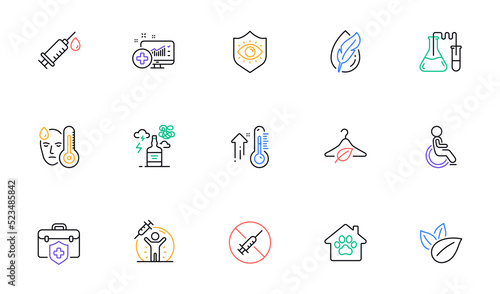 Fototapeta Naklejka Na Ścianę i Meble -  Medical syringe, Alcohol addiction and Slow fashion line icons for website, printing. Collection of Organic product, Hypoallergenic tested, Disability icons. Pet shelter, No vaccine. Vector