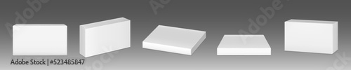 Paper package mockup, carton pill box front and angle view. Closed container of rectangular shape isolated on grey background. Blank pack mock up for product branding, Realistic 3d vector illustration