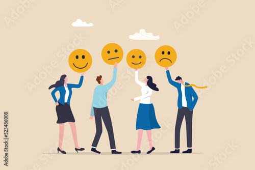 Employee morale, team spirit, work passion or job satisfaction, worker wellbeing or feeling, attitude and motivation concept, businessman and businesswoman team showing emotion happy and sad faces. photo