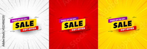 Sale 50 percent off banner. Flash offer banner, coupon or poster. Discount sticker shape. Hot offer icon. Sale 50% promo banner. Retail marketing flyer. Starburst pop art. Vector