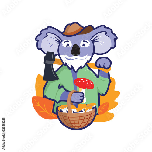 Hand-drawn koala portrait. Cartoon character mushroom picker