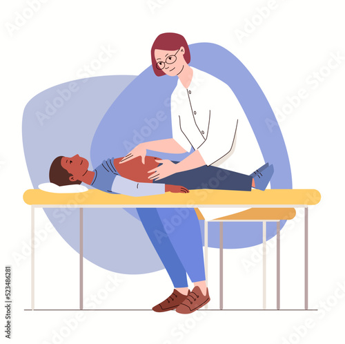 Bellyache, diarrhea or constipation, health concept. Doctor palpates child's abdomen. Vector illustration flat cartoon isolated white background.