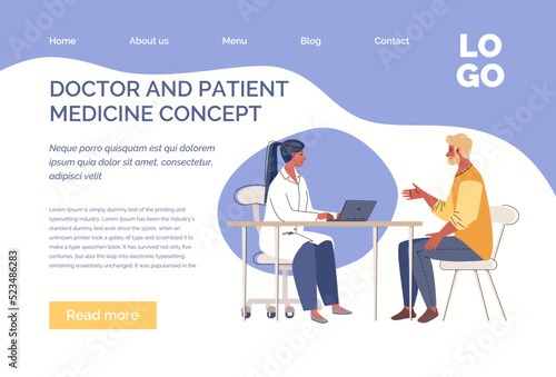 Fototapeta Naklejka Na Ścianę i Meble -  Patient in doctor’s office. Physician's consultation, appointment. Visit therapist, medical specialist. Examination and diagnostics in clinic. Website, template. Vector flat cartoon illustration.
