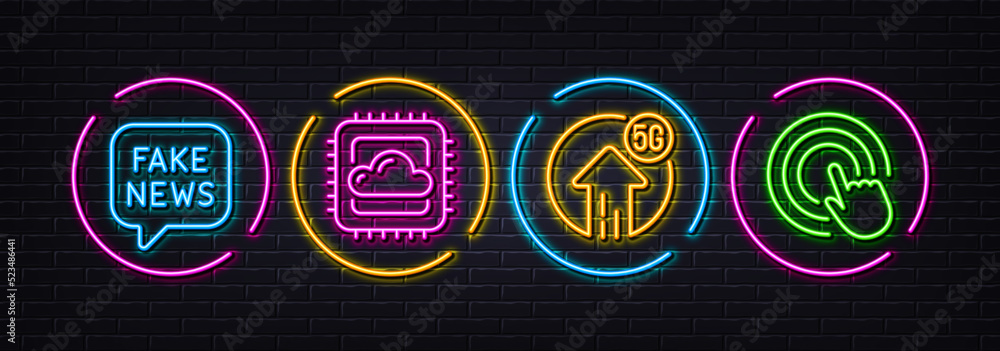 Cloud computing, Fake news and 5g upload minimal line icons. Neon laser 3d lights. Click hand icons. For web, application, printing. Computer storage, Wrong fact, Fast wifi. Touch gesture. Vector Cloud computing, Fake news and 5g upload minimal line icons. Neon laser 3d lights. Click hand icons. For web, application, printing. Computer storage, Wrong fact, Fast wifi. Touch gesture. Vector