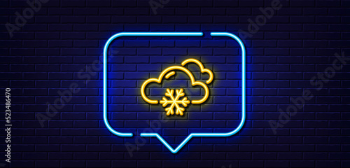 Neon light speech bubble. Snow weather forecast line icon. Clouds with snowflake sign. Cloudy sky symbol. Neon light background. Snow weather glow line. Brick wall banner. Vector