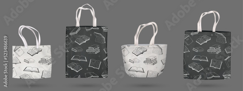 Canvas or tote bags with books print. Cloth totebag with handle made of fabric and eco linen 3d mockup. Black and white cotton reusable shopping pouch for shopper and grocery Realistic vector template