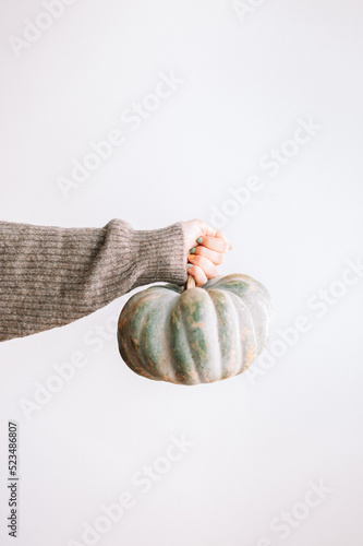 Woman hands holding an autumn pumpkin on white background with copy space.