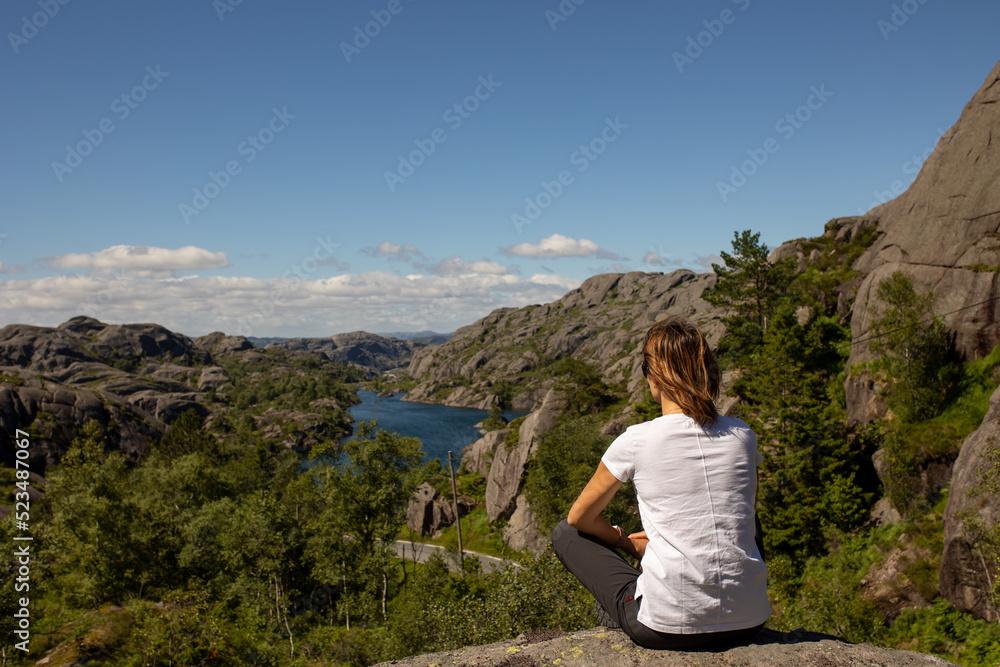 Happy people, enjoying amazing views in South Norway coastline, fjords, lakes, beautiful nature