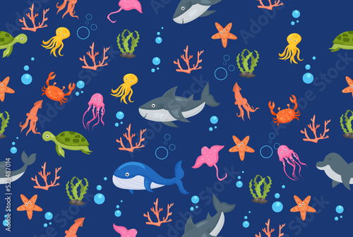 cute sea life cartoon seamless pattern  animals and fishes. Seamless pattern background 