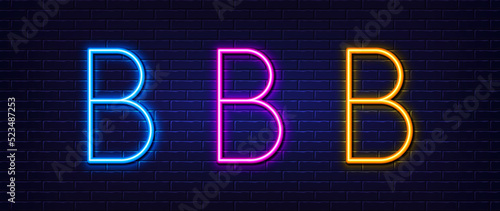 Initial letter B icon. Neon light line effect. Line typography character sign. Large first font letter. Glowing neon light element. Letter B glow 3d line. Brick wall banner. Vector