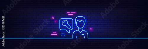Neon light glow effect. Spanner tool line icon. Repairman service sign. Fix instruments symbol. 3d line neon glow icon. Brick wall banner. Repairman outline. Vector