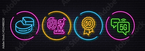 Fingerprint research, Pie chart and 5g technology minimal line icons. Neon laser 3d lights. 5g internet icons. For web, application, printing. Lab microscope, 3d graph, Quality wi-fi. Vector