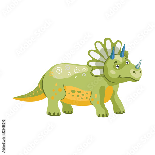 Triceratops cute dino. Funny dinosaur characters smiling and standing. Creatures and fossil reptiles concept. Template for promotional or invitation web page