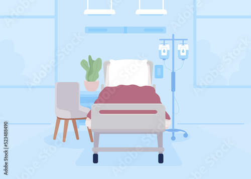 Empty bed in hospital ward flat color vector illustration. Comfortable place to treat patient. Healthcare service. Fully editable 2D simple cartoon interior with medical equipment on background