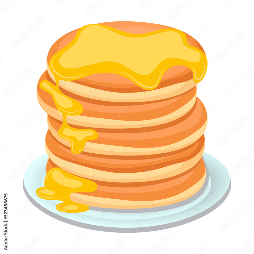 Tasty pancakes with honey. Pancakes on white plate. Baking with syrup, berries, butter or honey. Breakfast Tasty pancakes with honey. Pancakes on white plate. Baking with syrup, berries, butter or honey. Breakfast