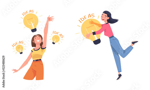 Young women with ideas set. Idea generation, brainstorming, creativity and solution cartoon vector illustration