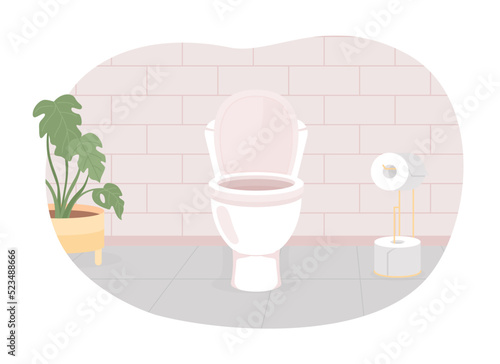 Clean toilet bowl in restroom 2D vector isolated illustration. Bathroom equipment. Home flat interior on cartoon background. Domestic colourful editable scene for mobile, website, presentation
