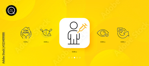 Medical mask, Stay home and 24 hours minimal line icons. Yellow abstract background. Myopia, People vaccination icons. For web, application, printing. Vector