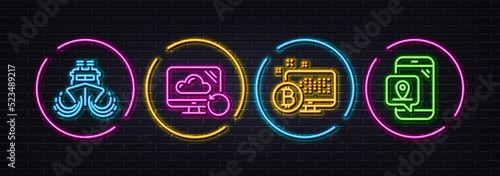Ship, Recovery cloud and Bitcoin system minimal line icons. Neon laser 3d lights. Pin marker icons. For web, application, printing. Shipping watercraft, Backup info, Cryptocurrency monitor. Vector