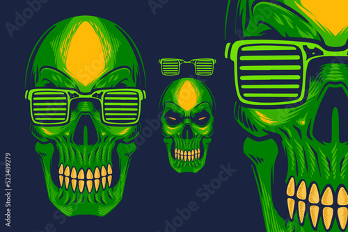 green skull with glasses head mascot vector illustration cartoon style